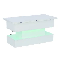 Multifunctional White Coffee Table with Integral Power Outlet, Modern Center Table with App-Controlled LED Light, 100L x 50W x 51.5H cm, White(m-14)
