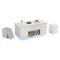 Lift-Top Coffee Table with App-Controlled LED and Soft-Close Drawers, Sleek White Center Table with 2 Storage Ottomans, 100L x 50W x 45H cm, White(m-12)