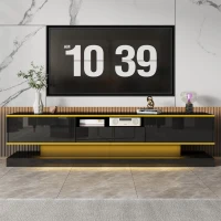 Modern TV Cabinet with 3 Drawers and Open Compartment, Contemporary TV Stand with Colour‑Changing LED Strip, 180L x 38W x 45H cm, Black(m-7)