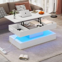 Modern Coffee Table with Bluetooth-Controlled LED Lighting, Lift-Up Center Table with Hidden Storage and Hydraulic Lift, 100L x 50W x 42H cm, White(m-1)