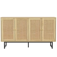 Aparador com rattan trançado, 4 portas, prateleiras ajustáveis, pés metálicos, 140x39,5x80 cm, Cor natural(m-1)