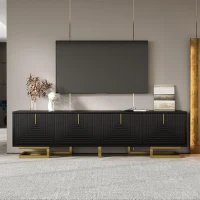 TV Cabinet with Textured Doors Metallic Handles and Sturdy Metal Legs, Elegant TV Stand with Integrated Shelves, 160L x 38W x 44.5H cm, Black(m-1)