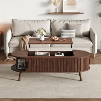 Lift-Up Oval Coffee Table with Hidden Storage and Roller-Shutter Doors, Space-Saving Centre Table with Solid Wood Legs, 120L x 50W x 39.5H cm, Wood(m-7)