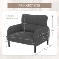 Corduroy Single-Seater Armchair with High-Density Foam Cushion, Ergonomic Wide Seat with Double Side Storage Pockets, 67L x 75W x 79H cm, Gray(m-3)