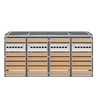 4-Compartment Outdoor Bin Enclosure with Integrated Planter, Planter-Top Quad Bin Storage with Lockable Doors, 264L x 80W x 124.5H cm, Grey+Wood(m-2)