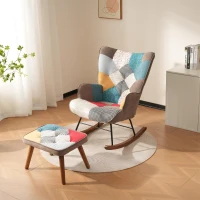 Rocking Chair and Footstool Set with Back Cushion, Quilted Patchwork Leisure Chair Solid with Wood and Iron Legs, 100L x 69.5W x 88.5H cm, Colorful(m-3)