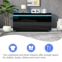 High Gloss Sideboard with LED Lights and Noiseless Hydraulic Hinges, Modern Storage Cabinet with 2 doors and 3 drawers, 140L x 35W x 72.5H cm, Black(m-5)