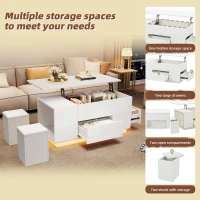 Lift-Top Coffee Table with App-Controlled LED and Soft-Close Drawers, Sleek White Center Table with 2 Storage Ottomans, 100L x 50W x 45H cm, White(m-7)