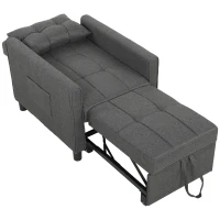 HOMCOM Sillón Cama Individual 3 en 1 en Tejido Efecto Lino y Madera con Respaldo Reclinable, Cojín, Bolsillos, Gris(m-1)