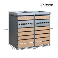 4-Compartment Outdoor Bin Enclosure with Integrated Planter, Planter-Top Quad Bin Storage with Lockable Doors, 264L x 80W x 124.5H cm, Grey+Wood(m-3)