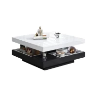 Contemporary Coffee Table with Large-Capacity Lower Shelf, 2-Tone Center Table with Recessed Compartments, 70L x 70W x 36H cm, Black(m-2)