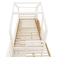 House-Shaped Bunk Bed with Staircase Storage, Space-Saving Kids Bed with Integrated Shelves, 244L x 140W x 206H cm, White+Natural(m-10)