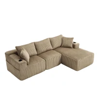 Modular L-Shaped Sectional Sofa with Deep Seat, Plush Corduroy Boneless Couch for Living Room, 257L x 160W x 80H cm, Khaki(m-15)