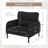 Corduroy Single-Seater Armchair with High-Density Foam Cushion, Ergonomic Wide Seat with Double Side Storage Pockets, 67L x 75W x 79H cm, Black(m-3)