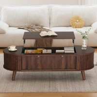Lift-Up Oval Coffee Table with Hidden Storage and Roller-Shutter Doors, Space-Saving Centre Table with Solid Wood Legs, 120L x 50W x 39.5H cm, Wood(m-9)