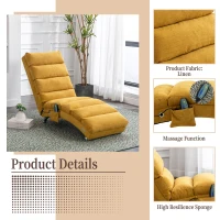 Fabric Relaxation Chaise Longue with Gentle Vibration, Contoured Ergonomic Floor Lounger with Side Pocket, 148L x 55W x 87H cm, Yellow(m-5)