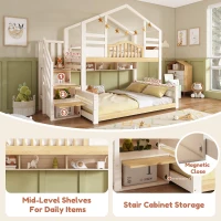 House-Shaped Bunk Bed with Staircase Storage, Space-Saving Kids Bed with Integrated Shelves, 244L x 140W x 206H cm, White+Natural(m-4)