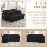 Stylish Sectional Sleeper Sofa with Reversible Storage Chaise, 3-In-1 L-Shaped Sofa with Corduroy Upholstery, 206L x 130W x 88H cm, Black(m-4)