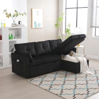 Stylish Sectional Sleeper Sofa with Reversible Storage Chaise, 3-In-1 L-Shaped Sofa with Corduroy Upholstery, 206L x 130W x 88H cm, Black(m-9)