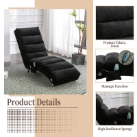 Fabric Relaxation Chaise Longue with Gentle Vibration, Contoured Ergonomic Floor Lounger with Side Pocket, 148L x 55W x 87H cm, Black(m-5)