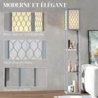 HOMCOM Lampadaire avec étagères, lampadaire sur pied de salon 3 niveaux, interrupteur à tirette 26 x 26 x 160 cm, gris et blanc(m-4)