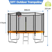 Outdoor Trampoline with Basketball Hoop and Safety Net, Heavy Duty Rebounder with Weatherproof Steel Frame, 366L x 366W x 76H cm, Orange(m-3)