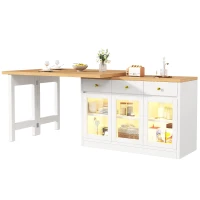 Extendable Kitchen Island with Multicolour RGB LED Lighting, Modern Dining Table with 3 Deep Drawers, 120L x 40W x 75.5H cm, White(m-12)