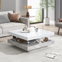 360° Rotating Square Coffee Table with Concealed Storage Compartments, White Center Table with Durable Construction, 70L x 70W x 36H cm, White(m-1)