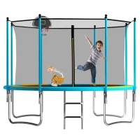 Outdoor Trampoline with Basketball Hoop and Safety Net, Heavy Duty Rebounder with Weatherproof Steel Frame, 366L x 366W x 76H cm, Blue+Orange(m-2)