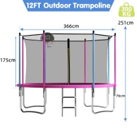 Outdoor Trampoline with Basketball Hoop and Safety Net, Heavy Duty Rebounder with Weatherproof Steel Frame, 366L x 366W x 76H cm, Pink(m-3)