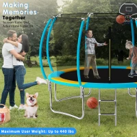 Outdoor Trampoline with Basketball Hoop and Safety Net, Heavy Duty Rebounder with Weatherproof Steel Frame, 366L x 366W x 76H cm, Blue(m-4)