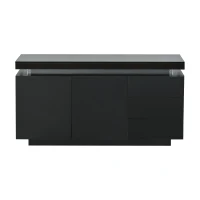 High Gloss Sideboard with LED Lights and Noiseless Hydraulic Hinges, Modern Storage Cabinet with 2 doors and 3 drawers, 140L x 35W x 72.5H cm, Black(m-13)