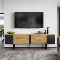 Natural-Wood TV Cabinet with Open Shelves and Soft-Close Doors, Stylish TV Stand with Durable Chipboard Construction, 180L x 40W x 55H cm, Natural(m-8)