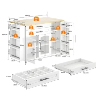 Mobile Kitchen Island Trolley with Lockable 360° Wheels, Glass-Door Storage Cabinet with Adjustable Shelves, 138L x 70W x 90H cm, White(m-3)