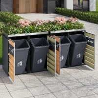 4-Compartment Outdoor Bin Enclosure with Integrated Planter, Planter-Top Quad Bin Storage with Lockable Doors, 264L x 80W x 124.5H cm, Grey+Wood(m-4)