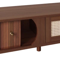 Walnut TV Cabinet with Solid Wood Doors and Handwoven Rattan Drawers, Sliding-Door TV Stand with Solid Wood Legs, 170L x 39.5W x 38H cm, Walnut(m-6)