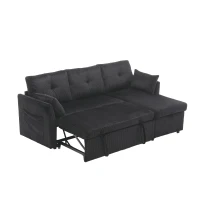 Stylish Sectional Sleeper Sofa with Reversible Storage Chaise, 3-In-1 L-Shaped Sofa with Corduroy Upholstery, 206L x 130W x 88H cm, Black(m-10)
