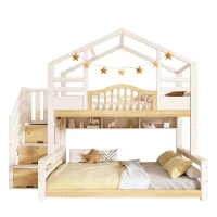 House-Shaped Bunk Bed with Staircase Storage, Space-Saving Kids Bed with Integrated Shelves, 244L x 140W x 206H cm, White+Natural(m-2)