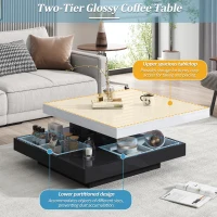 Contemporary Coffee Table with Large-Capacity Lower Shelf, 2-Tone Center Table with Recessed Compartments, 70L x 70W x 36H cm, Black(m-5)