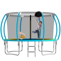 Outdoor Trampoline with Basketball Hoop and Safety Net, Heavy Duty Rebounder with Weatherproof Steel Frame, 366L x 366W x 76H cm, Blue(m-2)