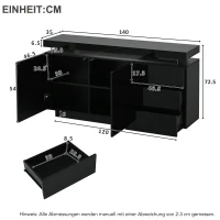High Gloss Sideboard with LED Lights and Noiseless Hydraulic Hinges, Modern Storage Cabinet with 2 doors and 3 drawers, 140L x 35W x 72.5H cm, Black(m-3)