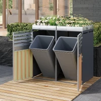 Bin Storage Unit with Built-In Planter and Louvred Ventilation, Double Bin Storage Shed with Galvanised Steel Frame, 132L x 80W x 124.5H cm, Grey+Wood(m-4)