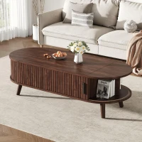 Lift-Up Oval Coffee Table with Hidden Storage and Roller-Shutter Doors, Space-Saving Centre Table with Solid Wood Legs, 120L x 50W x 39.5H cm, Wood(m-8)