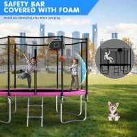 Outdoor Trampoline with Basketball Hoop and Safety Net, Heavy Duty Rebounder with Weatherproof Steel Frame, 366L x 366W x 76H cm, Pink(m-4)