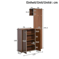 Móvel de entrada compacto com sapateira, varão para cabides, ganchos e prateleiras ajustáveis, 115x38,5x191,5 cm, Cor natural(m-3)