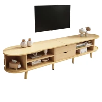 Minimalist TV Stand with Oval Top and Rounded Corners, Light Oak TV Cabinet with Solid Wood Legs, 175L x 40W x 40H cm, Oak(m-2)