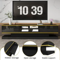 Modern TV Cabinet with 3 Drawers and Open Compartment, Contemporary TV Stand with Colour‑Changing LED Strip, 180L x 38W x 45H cm, Black(m-5)