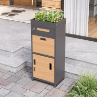 Parcel Mailbox with Integrated Planter and Letter Storage, Anti-Theft Parcel Delivery Box with Viewing Window, 50L x 37W x 118.5H cm, Grey+Wood(m-8)