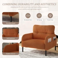 Corduroy Single-Seater Armchair with High-Density Foam Cushion, Ergonomic Wide Seat with Double Side Storage Pockets, 67L x 75W x 79H cm, Orange(m-5)
