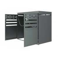 Double Wheelie Bin Storage Box with Planting Top and Tipping Chains, Galvanised Steel Lockable Bin Store with Ventilation Slots, 132L x 80W x 125H cm, Grey(m-12)